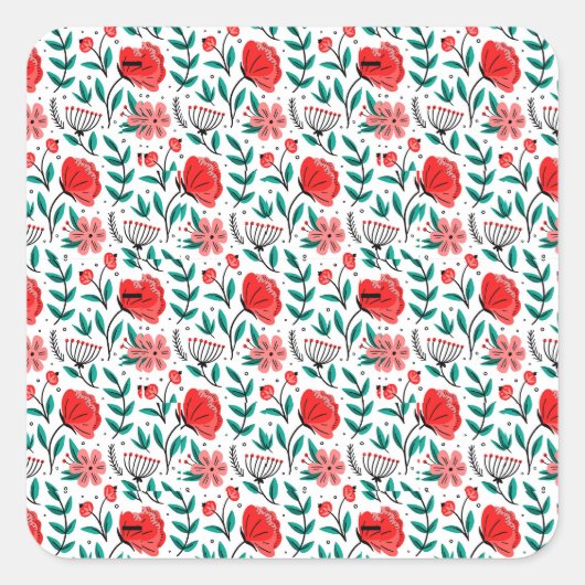 カラフルな手描きの花柄 スクエアシール (正面)