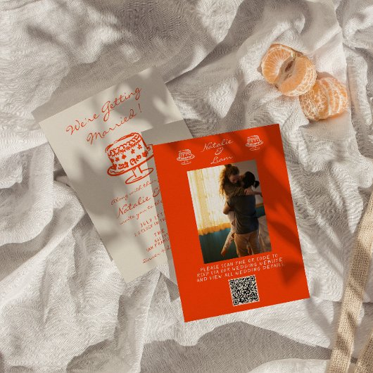 カラフルな手描きケーキ写真 ウェディングQRコード 招待状