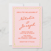 カラフルな手書きのピンストライプQRコードウェディング 招待状 (正面)