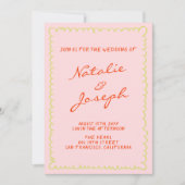 カラフルな手書きピンストライプオールインワンウェディング 招待状 (正面)