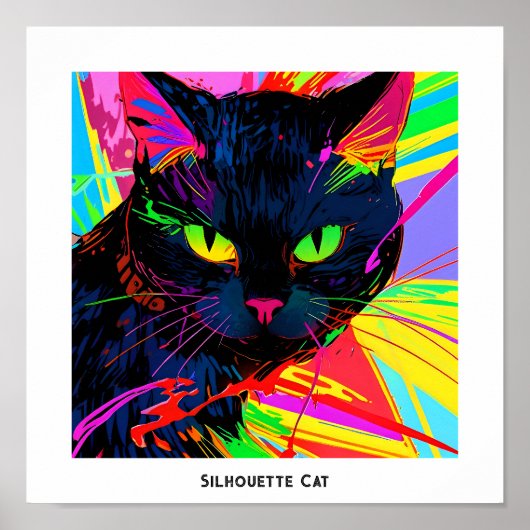 カラフルな抽象ポップアートのシルエット 黒猫 ポスター (正面)