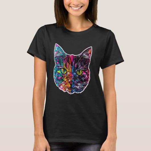 カラフルな抽象柄の子猫のかわいい幾何学ポリゴン 猫 Tシャツ (正面)