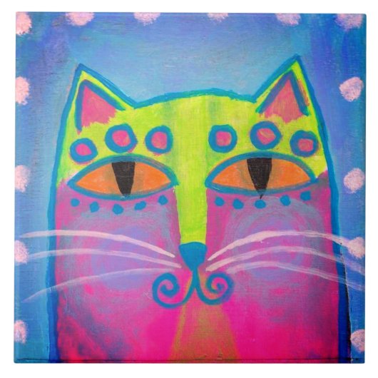 カラフルな抽象猫の絵画 タイル (正面)