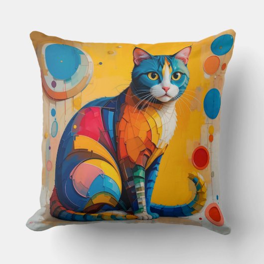 カラフルな抽象猫アート クッション (正面)
