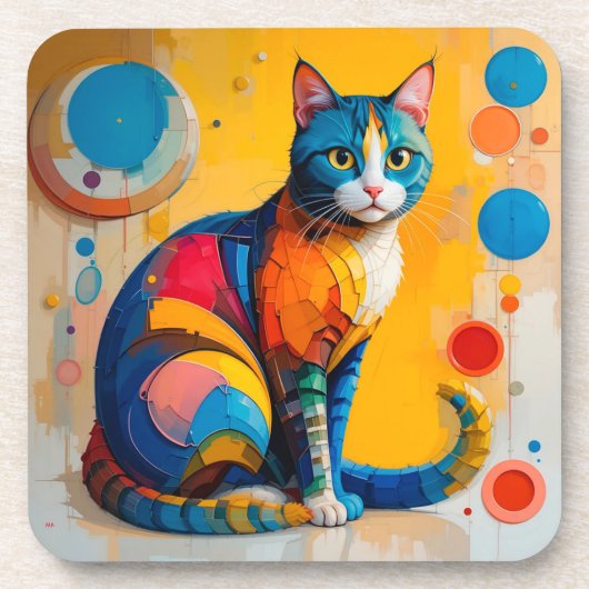 カラフルな抽象猫アート コースター (正面)