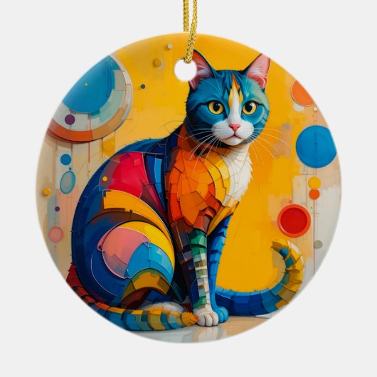 カラフルな抽象猫アート セラミックオーナメント (正面)