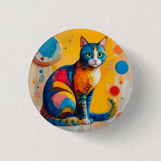 カラフルな抽象猫アート 缶バッジ (正面)