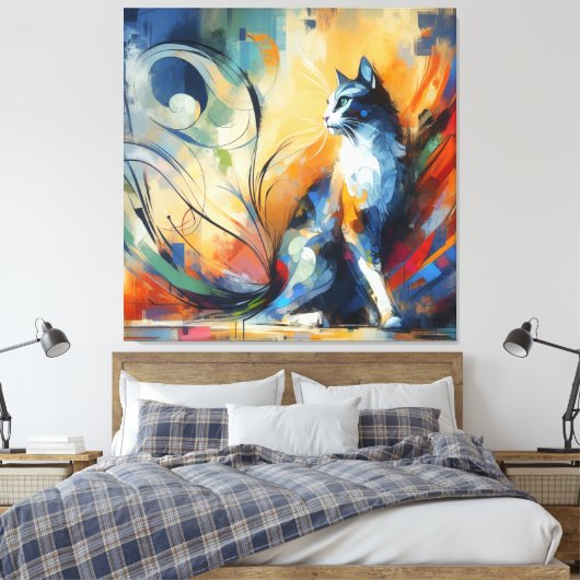 カラフルな抽象猫キャンバスアート|色鮮やか キャンバスプリント (インサイチュ (寝室))