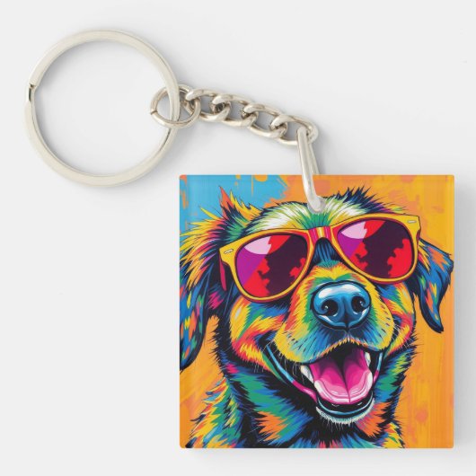 カラフルな抽象的なサングラスをかけた犬 キーホルダー (正面)