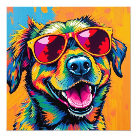 カラフルな抽象的なサングラスをかけた犬 フォトプリント            (正面)