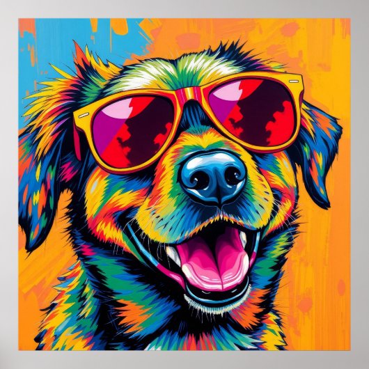 カラフルな抽象的なサングラスをかけた犬 ポスター (正面)