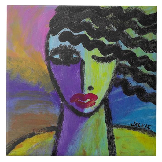 カラフルな抽象的な女性の肖像画 タイル (正面)