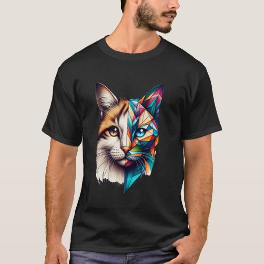 カラフルな抽象的な子猫の半顔かわいい幾何学C Tシャツ (正面)
