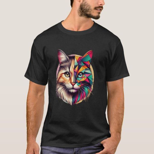 カラフルな抽象的な子猫の半顔かわいい幾何学C Tシャツ (正面)