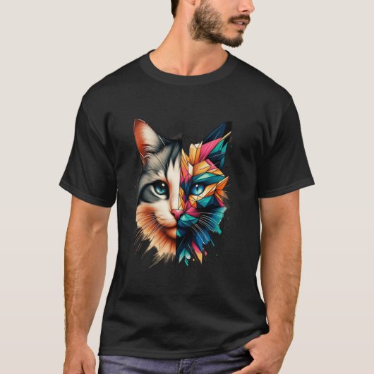 カラフルな抽象的な子猫の半顔かわいい幾何学C Tシャツ (正面)