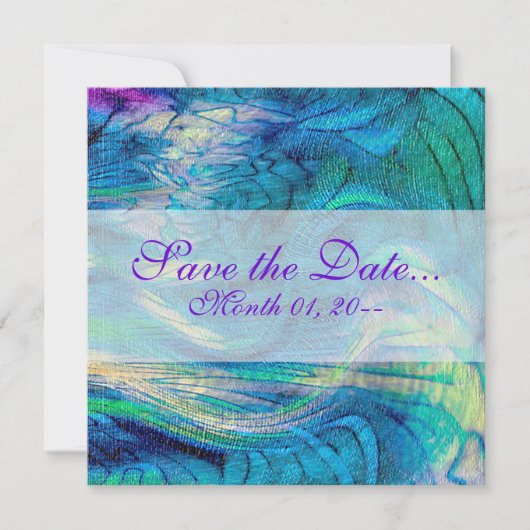 カラフルな抽象的な孔雀の芸術のお知らせ セーブザデート (正面)