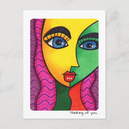 カラフルな抽象的な少女の顔の「あなたを想って」 ポストカード (正面)