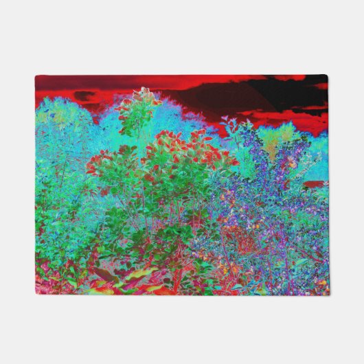 カラフルな抽象的な庭園の真っ赤な夕焼け ドアマット (正面)