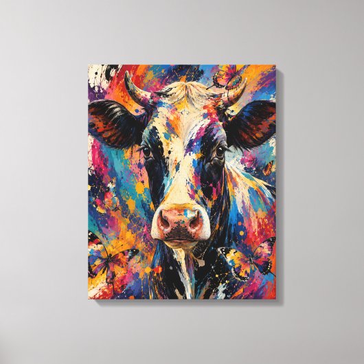 カラフルな抽象的な牛の絵画と蝶々 キャンバスプリント (正面)