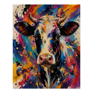 カラフルな抽象的な牛の絵画と蝶々 ポスター