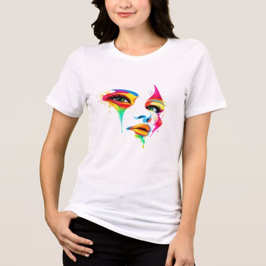 カラフルな抽象的な顔の芸術女性用Tシャツ トライブレンドＴシャツ (正面)