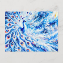 カラフルな抽象的クジャクと雪の冬