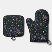 カラフルな抽象的フラワーパターン+名前イニシャル 鍋つかみ&鍋敷きセット (正面)