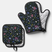 カラフルな抽象的フラワーパターン+名前イニシャル 鍋つかみ&鍋敷きセット (正面/裏面)