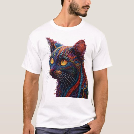 カラフルな抽象的編み地テクスチャー 猫Tシャツ Tシャツ (正面)