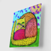 カラフルな抽象美術猫 スクエア壁時計 (傾斜)