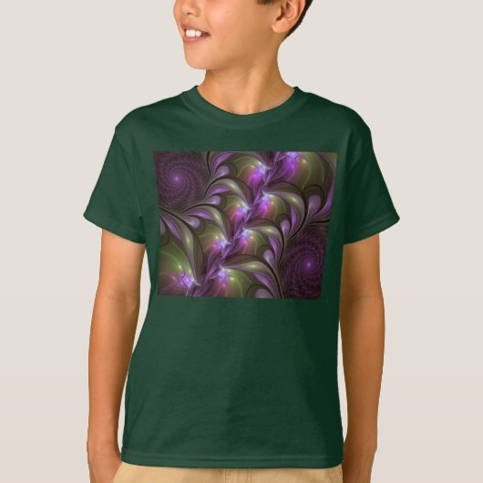 カラフルな抽象芸術 紫色のカーキ色フラクタルアート Tシャツ (正面)