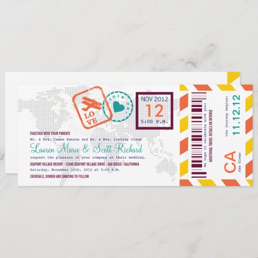 カラフルな搭乗券の航空郵便のチケットの招待状 招待状 (正面/裏面)