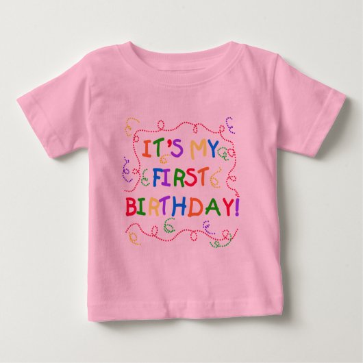 カラフルな文字それは私の最初誕生日です ベビーTシャツ (正面)