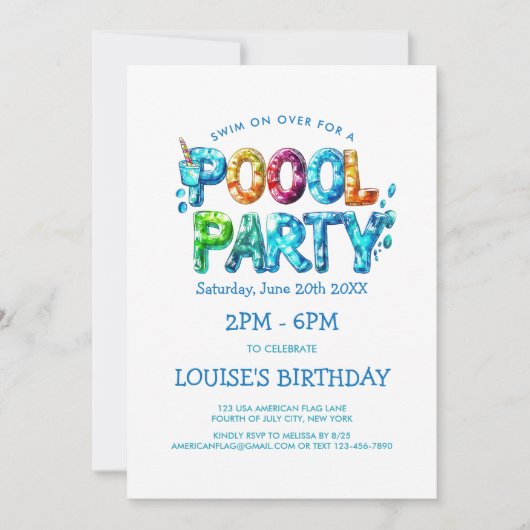 カラフルな文字のプールパーティー招待状 招待状 (正面)