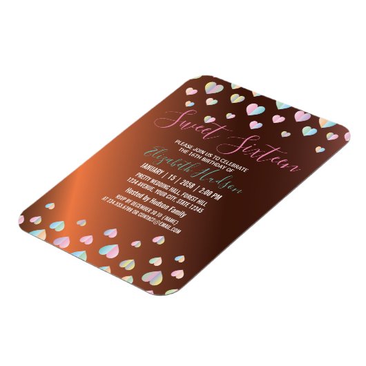カラフルな斑点がついたスウィート16ブロンズ招待状 マグネット (左側)
