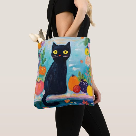 カラフルな新鮮なフルーツと面白い黒猫 トートバッグ (クローズアップ)