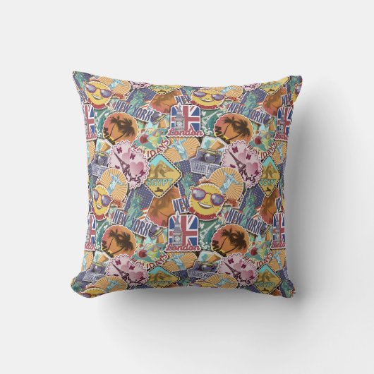 カラフルな旅行ステッカーパターン クッション (正面)