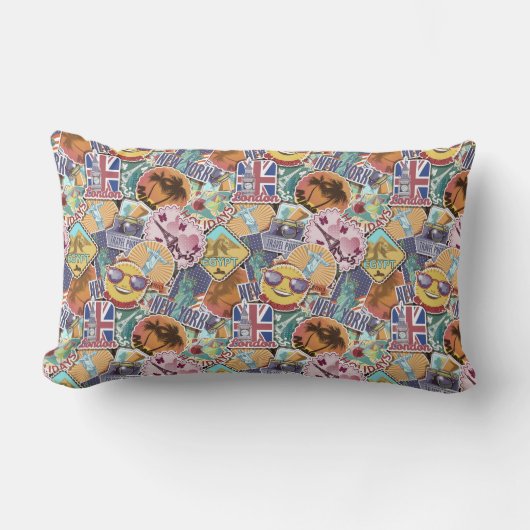 カラフルな旅行ステッカーパターン ランバークッション (正面)