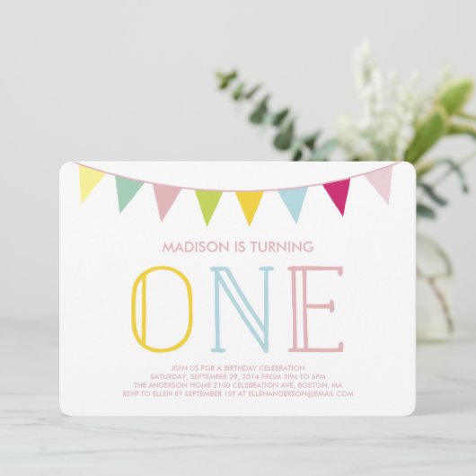 カラフルな旗布|の最初誕生日の招待状 招待状 (スタンド正面)