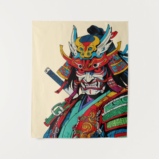 カラフルな日本の武士道 - 強烈な侍の戦士 タペストリー (正面)