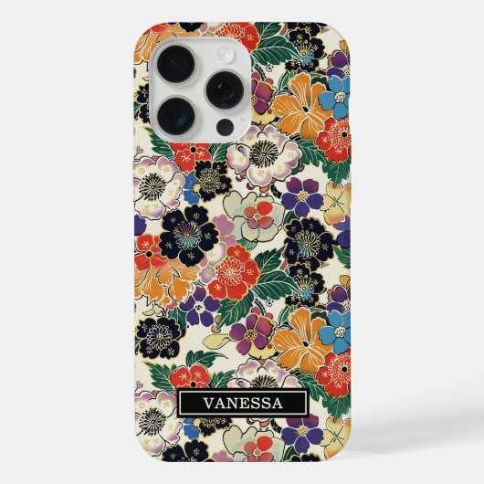 カラフルな日本の花のモノグラム iPhoneケース (裏面)
