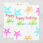 カラフルな星のハッピーバースデー名前テキストシンプル 招待状 (正面/裏面)