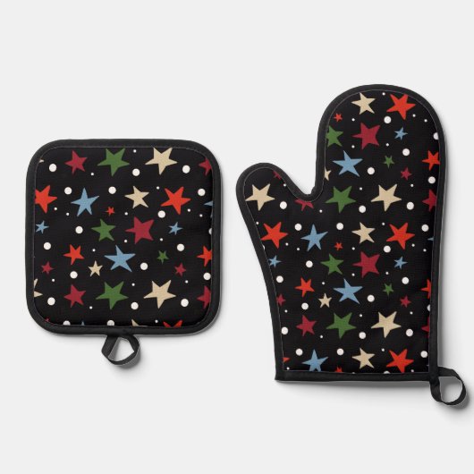 カラフルな星のパターン 鍋つかみ&鍋敷きセット (正面)