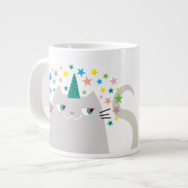 カラフルな星の白いユニコーン 猫 ネコ ジャンボコーヒーマグカップ