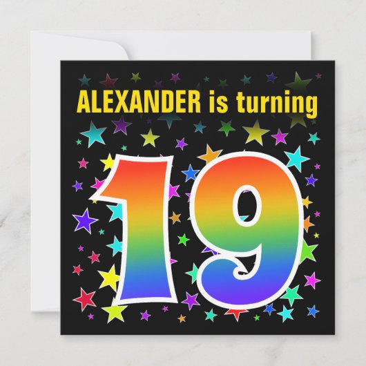 カラフルな星+レインボーパターン "19" 誕生日 # 招待状 (正面)