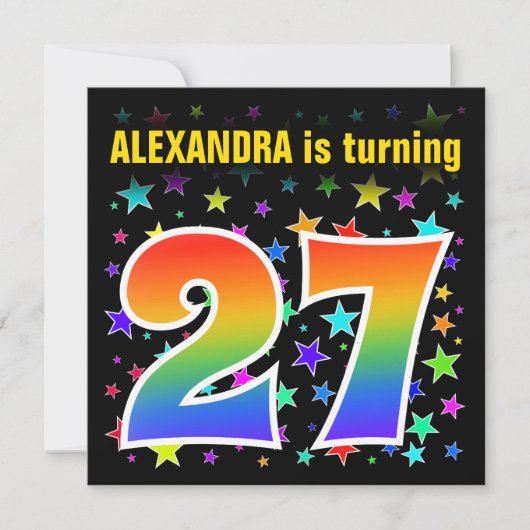 カラフルな星 + レインボーパターン "27" 誕生日 # 招待状 (正面)