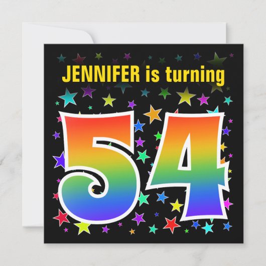 カラフルな星+レインボーパターン「54」誕生日 # 招待状 (正面)