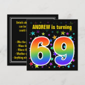 カラフルな星 + レインボーパターン "69" 誕生日 # 招待状 (正面/裏面)