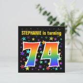 カラフルな星 + レインボーパターン "74" 誕生日 # 招待状 (スタンド正面)