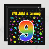 カラフルな星 + レインボーパターン "9" 誕生日 # 招待状 (正面/裏面)